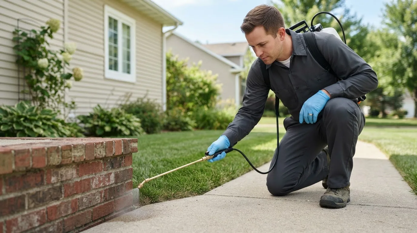 Pest control technician treating a home near Poplar Grove, IL