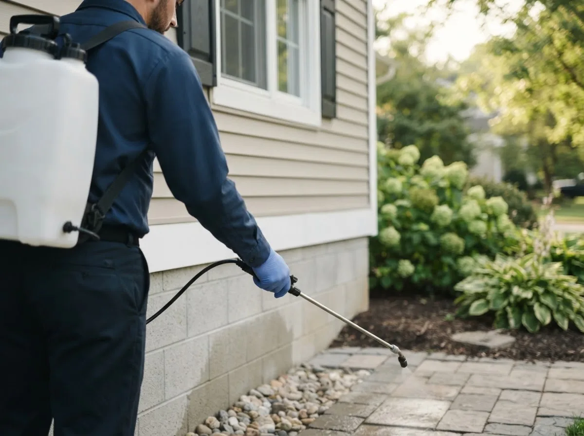 Pest control technician inspecting a home in Poplar Grove, IL